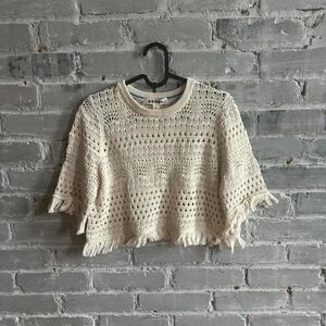 Boden Cream Open Knit Fringe Crop Top Sweater Womens Medium Cotton Short Sleeve
